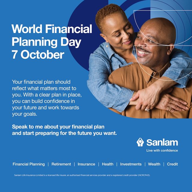 A smiling couple embracing, with the text World Financial Planning Day, 7 October, and a message about building confidence in your future with a clear financial plan.